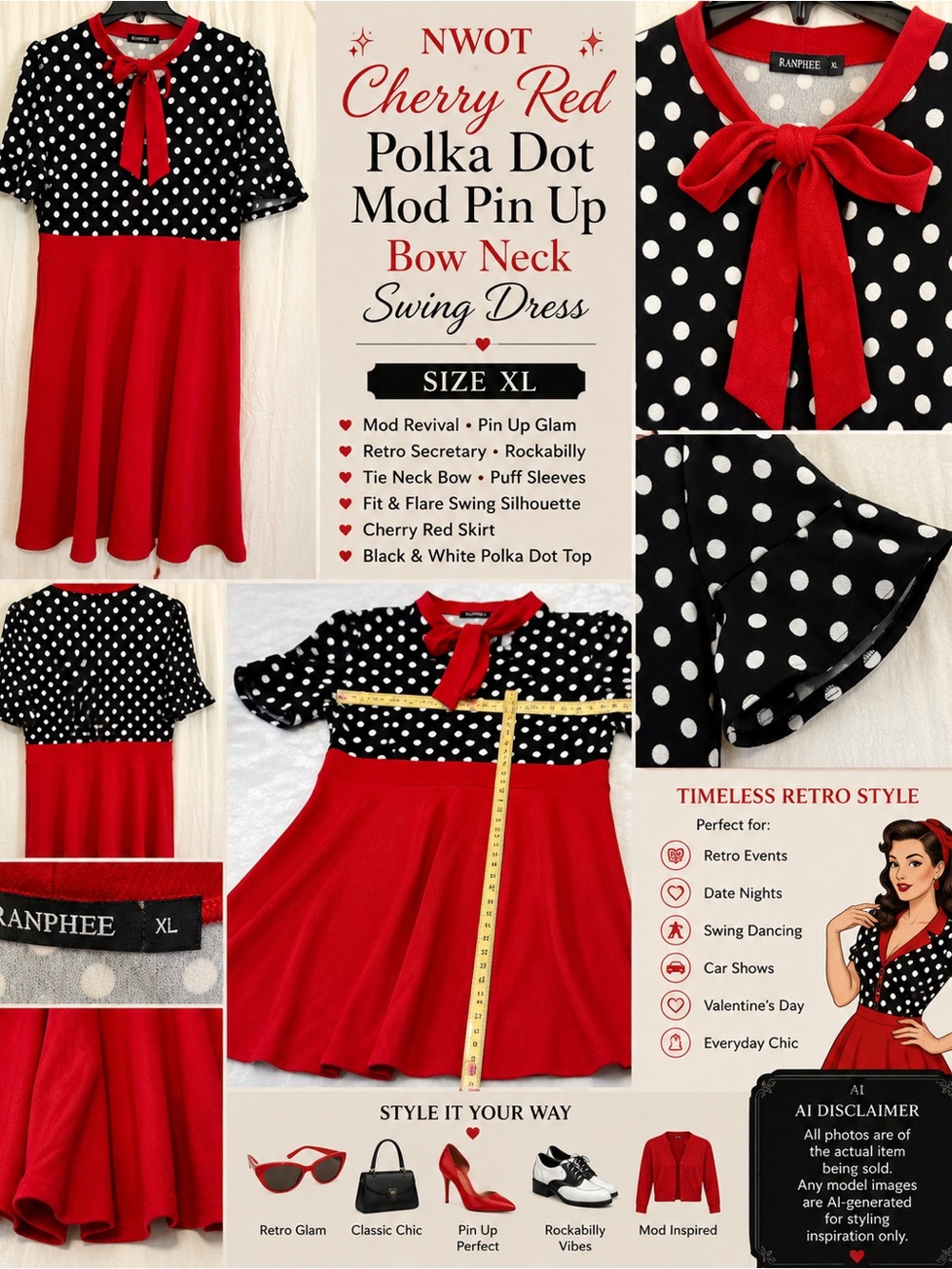 NWOT Cherry Red Polka Dot Mod Pin Up Bow Neck Swing Dress Retro 50s Rockabilly